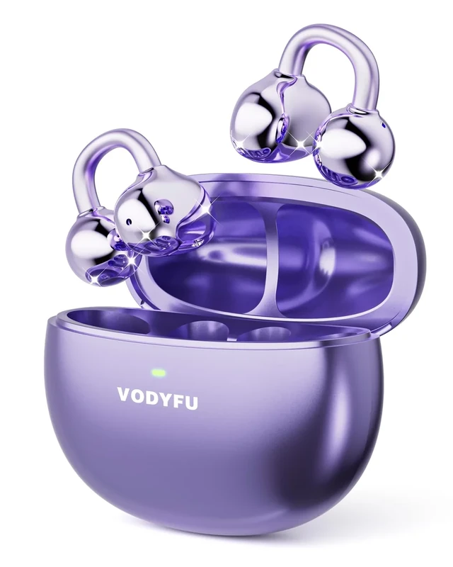 Vodyfu Clip on Earbuds Open Ear Earbuds Wireless Headphones with Mic,66H Play Bluetooth 5.4 Bone Conduction Headphones,Noise Cancelling,IPX5 Waterproof,Secure Fit for Small Ears,Purple