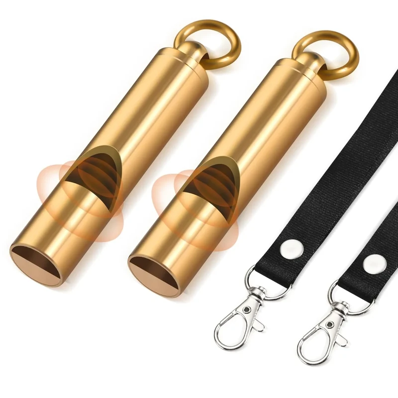 Upeckaroo Brass Emergency Whistles 2 Pack with Tangle-Free Lanyard - Pealess Safety Whistle Survival Loud Blast for Kayak Life Vest, Boating, Camping Hiking, Hunting, Adults