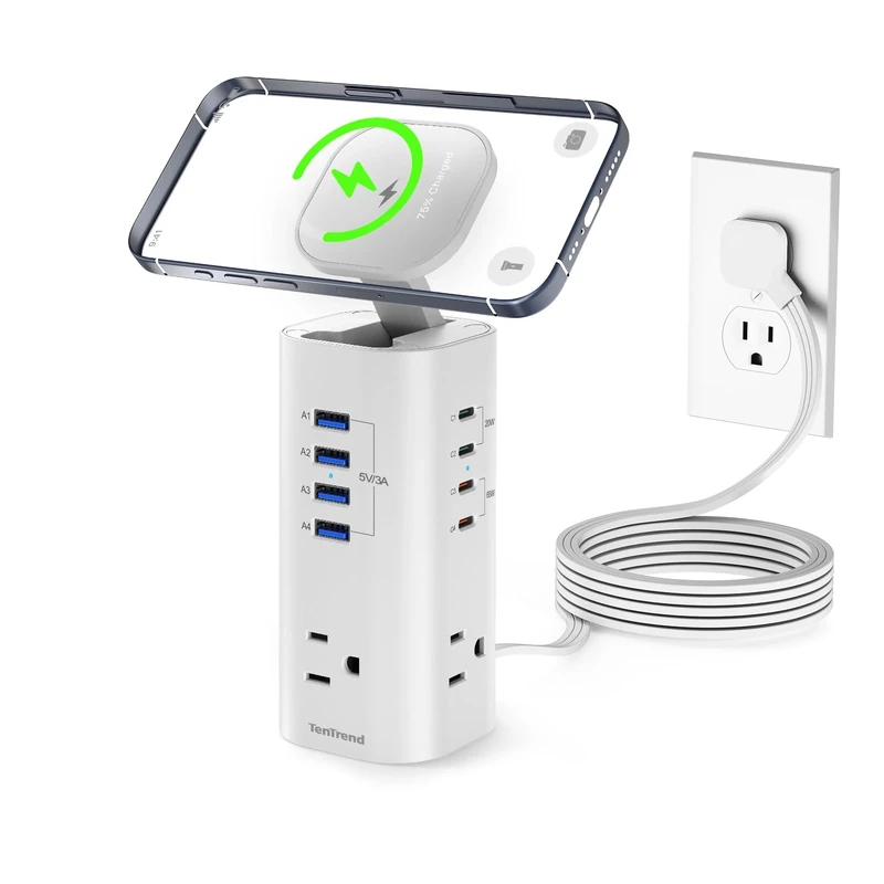 Power Strip Tower Surge Protector, TenTrend Flat Plug Extension Cord with 3AC Outlets & 8 USB Ports(4 USB-C), 115W Fast Charging Station for Home, Office Supplies, Dorm Room