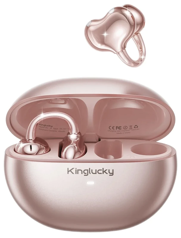 Kinglucky Clip-On Earbuds - 50H Playtime Bluetooth 6.0 Rose Gold