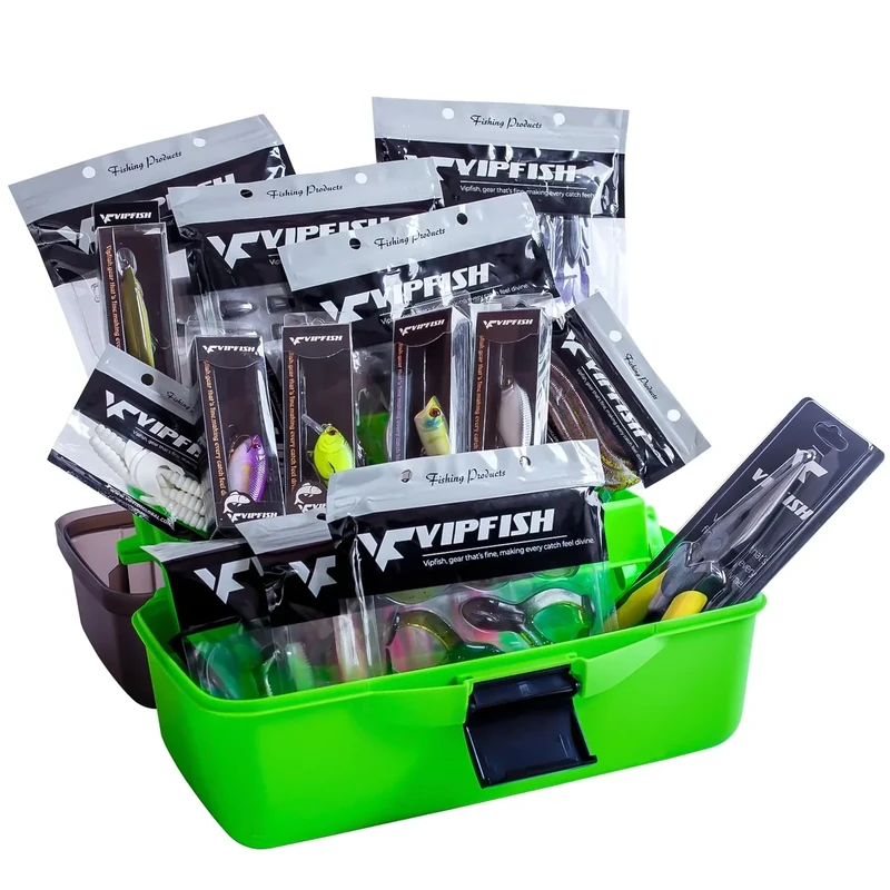 Vipfish Fishing Tackle Box with Tackle Included Lures, Hooks, Weights, 3-Layer Freshwater Fishing Tackle Kit for Bass Trout Walleye Fishing Gear and Equipment, Gift for Fishingman