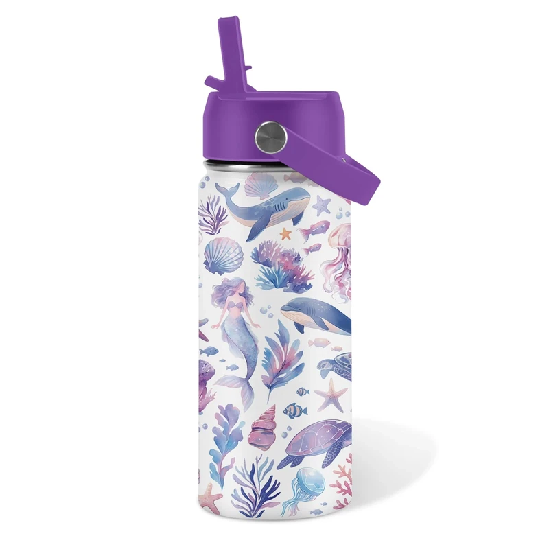 Ocean Gifts for Kids - 16 Oz Purple Water Bottle with Straw Lid, Stainless Steel Insulated Tumbler, Leak Proof, BPA-Free, for Girls & Boys, School, Beach - Marine Life Lovers Birthday Gifts (1pc)