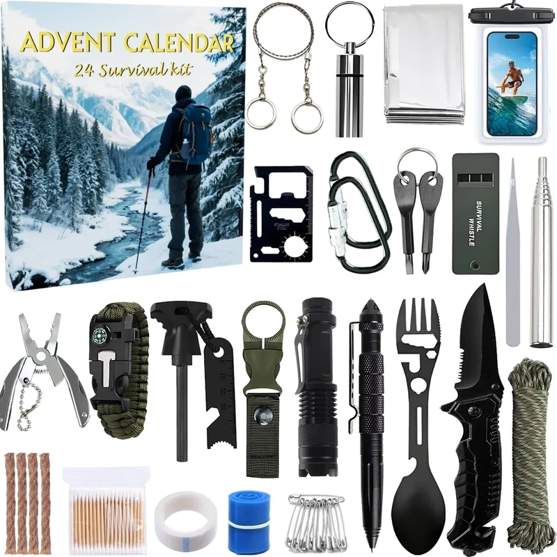 Survival Kit Advent Calendar 2025 Teen Boys Adult Men Christmas Countdown Calendar Survival Gear and Supplies Gifts Compass Hiking Camping Essentials Outdoors Hunting Gears Advent Calendar Teenager