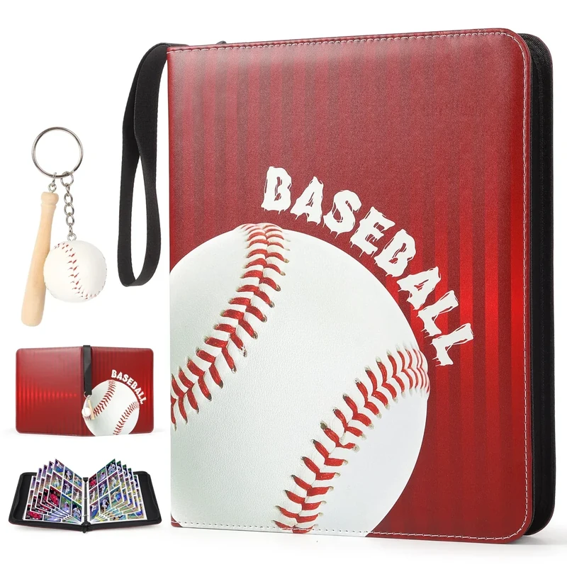 ZAIONE 9-Pocket Baseball Card Binder: Large 900 Pockets Collectible Trading Cards Album for Baseball Fans- Zippered PU Sports Card Holder Binder for 2025 Design Gift (Red)