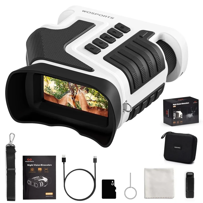 WOSPORTS 4K Night Vision Goggles – 1315FT Detection, Dual Zoom (10X Optical + 8X Digital), 3" Screen, Rechargeable, 32GB TF Card – Perfect for Wildlife, Photo & Video, Black/White