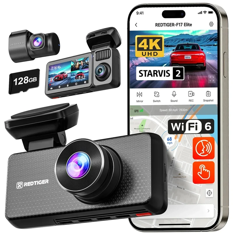 REDTIGER F17 Elite 4K 3CH Dash Cam - 8MP Front, 4MP Rear, 128GB, HDR & GPS