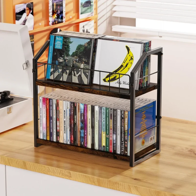 PAPAGIFTREE 2-Tier CD Holder, CD Storage Shelf for Display, CD Organizer with Dispay Top Shelf, Premium CD Rack for Home & Office, Holds Up to 60 Standard, Ideal for Music Enthusiasts (Dark Brown)
