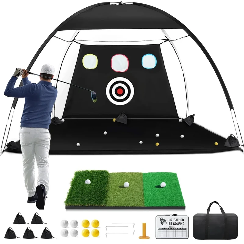 Golf Net, 9.5x7ft Golf Hitting Aid with Foldable Tri-Turf Mat, Designed for Outdoor & Indoor Use, Practice Nets for Backyard Driving Real Balls, Ideal Gifts for Men Dad Husband & Golfers