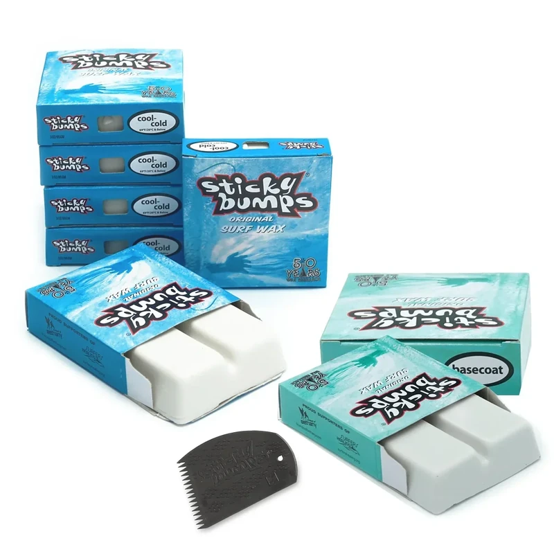 Sticky Bumps Original Surf Wax Bundle | 85g - 6 Pack Cool/Cold (69°F / 20°C) + 2 Pack Basecoat (All-Temp) + Wax Comb | Long-Lasting Grip | All-Natural, Biodegradable - Image 1