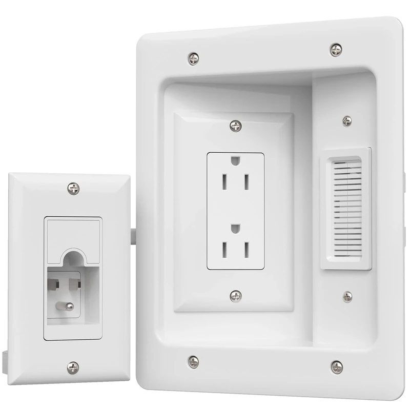 TV Cord Hider for Wall Mounted TV, in-Wall Cable Management Kit, Outlet Box– Dual Outlet Cord Hider with Power Support, Includes Drywall Saw, Template & Extension Cable