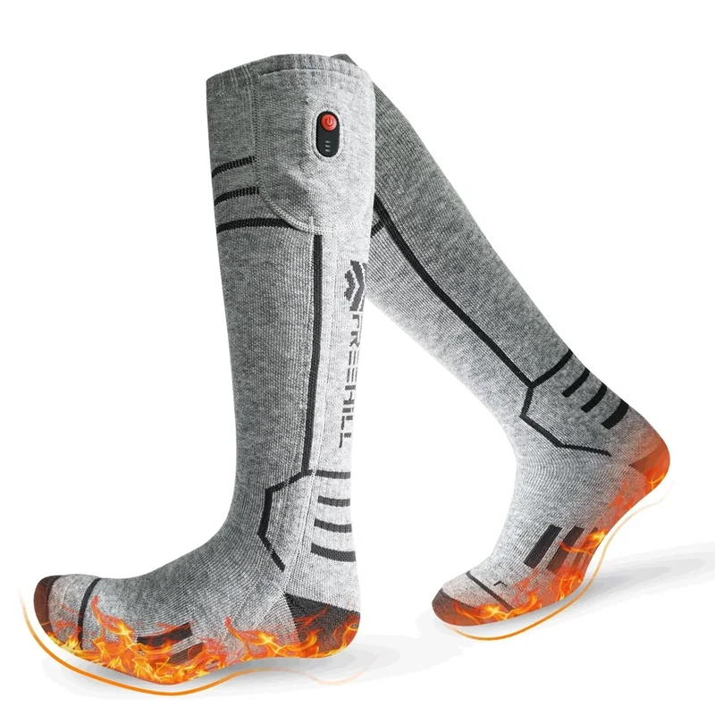 FREEHILL Merino Wool Heated Socks for Men Women, 5000mAh One-Click Control Rechargeable Cold Weather Heated Ski Socks (US, Alpha, X-Large, Regular, Regular, Gray)