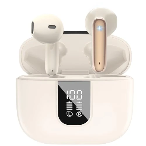 Wireless Earbuds Bluetooth 5.4 in Ear Buds 6 Mic ENC Noise Cancelling Clear Calls, Deep Bass HiFi Stereo Sound Earphones 35H Playtime LED Power Display IPX7 Waterproof Headphones for Android iOS Tan