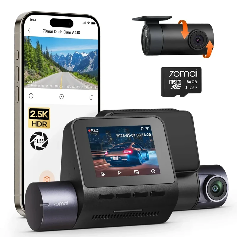 70mai A410 Dash Cam 2.5K Front / 1080P Rear - HDR Vision, WiFi GPS