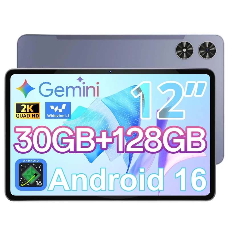 Android Tablet 12 Inch with 30GB RAM 128GB ROM, Octa-Core Processor, 2000 * 1200 FHD IPS Touch Screen, 5MP+13MP Dual Camera, 8800mAh Battery, 2K Android 16 Tablet, 2.4G/5G WiFi, BT 5.0