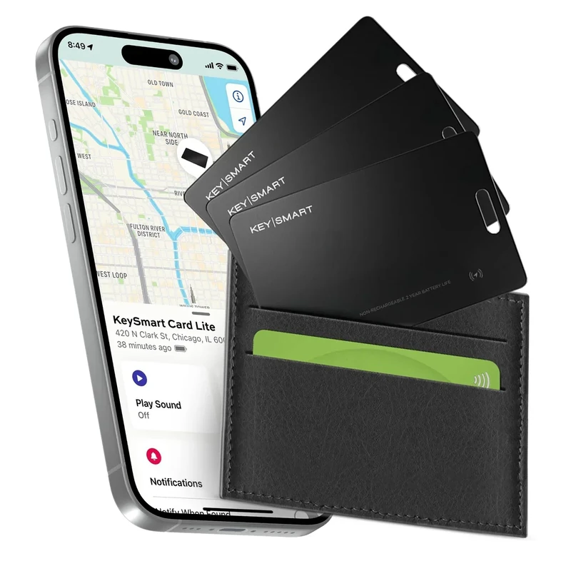KeySmart SmartCard Lite Wallet Tracker Card, Compatible with Apple Find My App, Non-Rechargeable 2 Years Battery, Thin GPS Item Finder for Luggage Tag, Smart Bluetooth Tracking - Black, 3 Pack