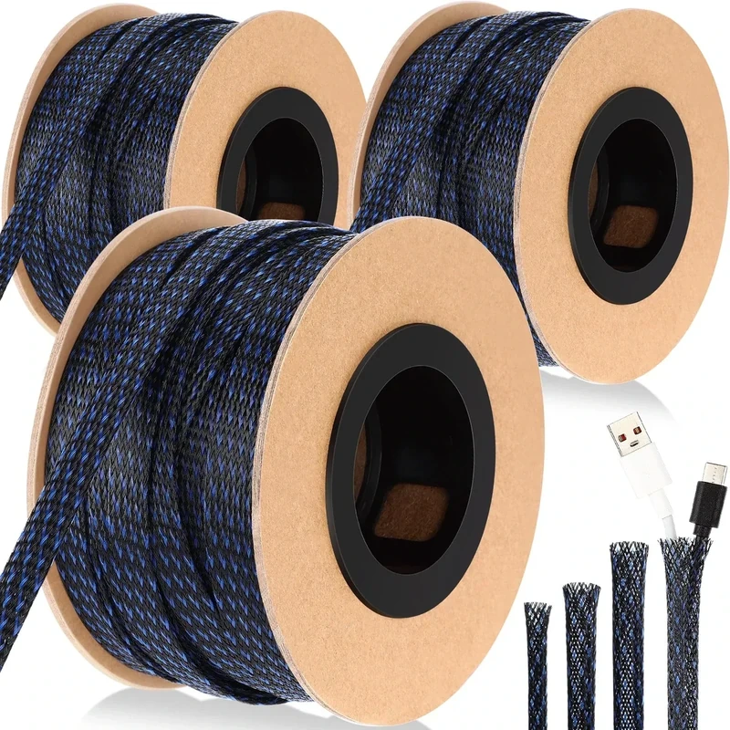 Pangda 300 Feet 1/4, 1/2, 3/8 Inches Wire Loom Pet Expandable Braided Sleeving Braided Sleeve for TV, Home Theater, Computer(Black Blue)
