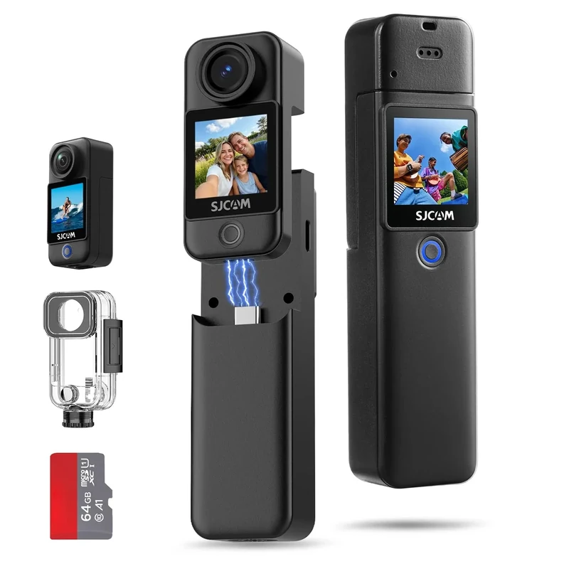 SJCAM C300 Essential Combo, 4K Action Camera,Magnetic Body Cam & Handheld Detachable Design, Vlogs for Content Creators YouTube Streaming,7Hour Power,Stabilization,Waterproof, Black