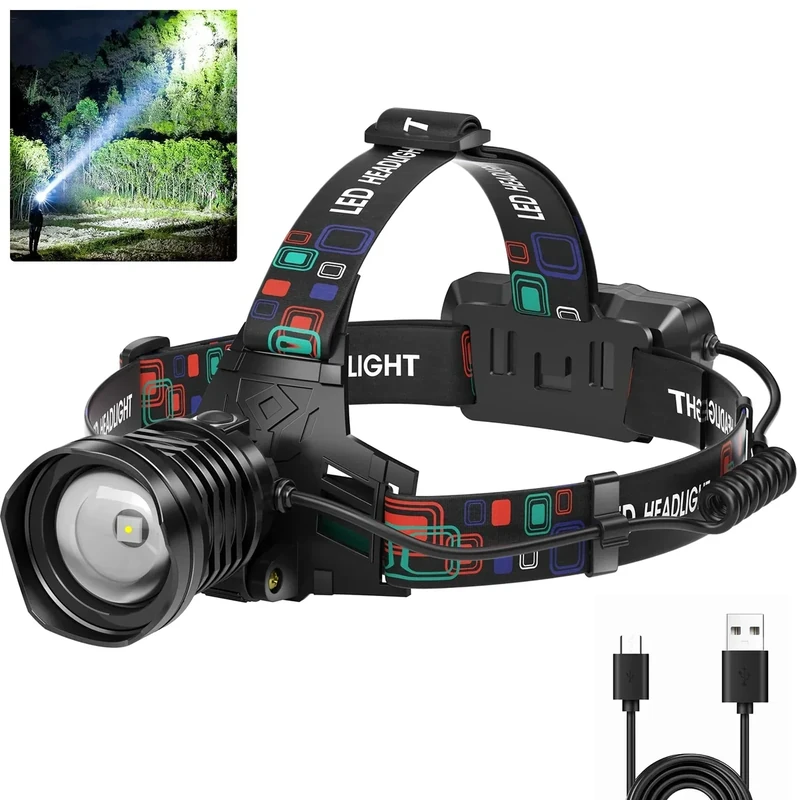 azamine Rechargeable Headlamp Super Bright 99000 Lumens, LED Head Lamp with 3 Modes, 90° Adjustable Head Lights for Forehead, IPX6 Waterproof HeadLamps for Adults Camping Hunting Hiking