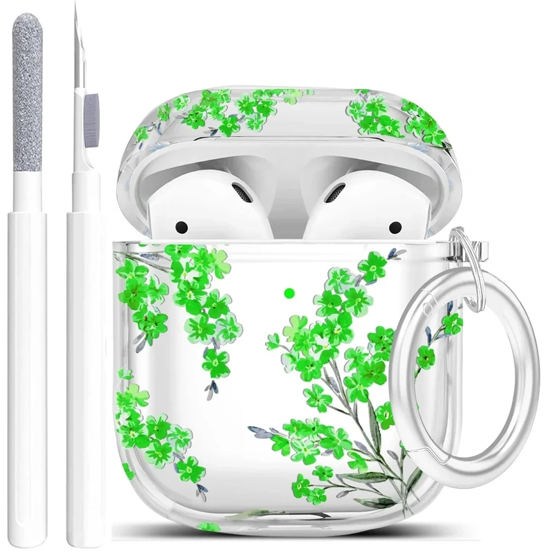 Wonjury Protective Clear Floral Case Cover Portable Shockproof Women Girls with Keychain for Apple Airpods 2/1 Charging Case - Clear/Green Flower