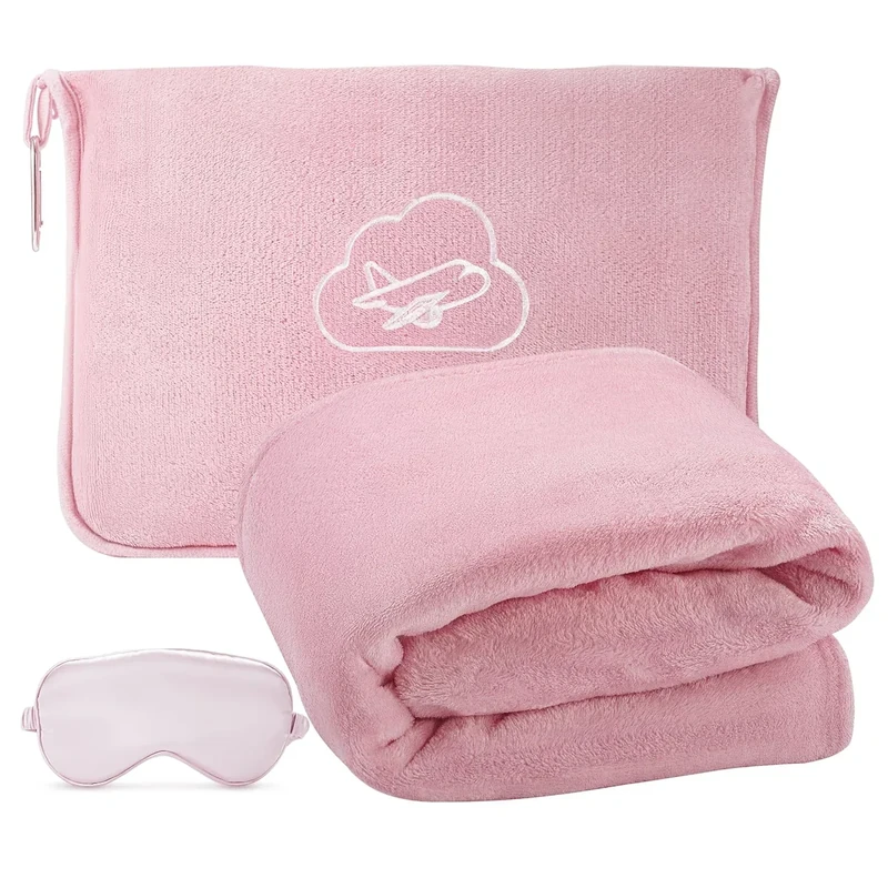 ENZOLVE Travel Blanket, Airplane Blanket, Ultra-Soft, Warm & Lightweight, 65x40 in, Outdoor Blanket Essentials for Women, Men & Kids, Included Eye Mask, Luggage Sleeve & Backpack Clip Pink