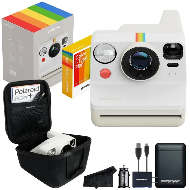 Polaroid Now 3rd Generation i-Type Instant Film Camera with 16 Color Film Photos, Pebble White, with Signature Series Power Bundle