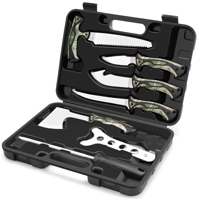 Jellas 7-Piece Hunting Knife Set - Professional Game Processing Kit with Axe, Bone Saw, Skinning & Fillet Knives, Rib Spreader, Sharpener, Portable Field Dressing Kit & Camping Gear in Carry Case