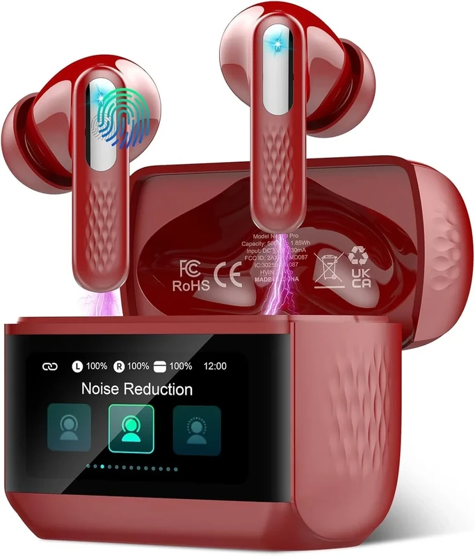 ZYHKON Wireless Earbuds Bluetooth 5.4 - Touchscreen ANC, IPX7, 48h, Red - Image 1