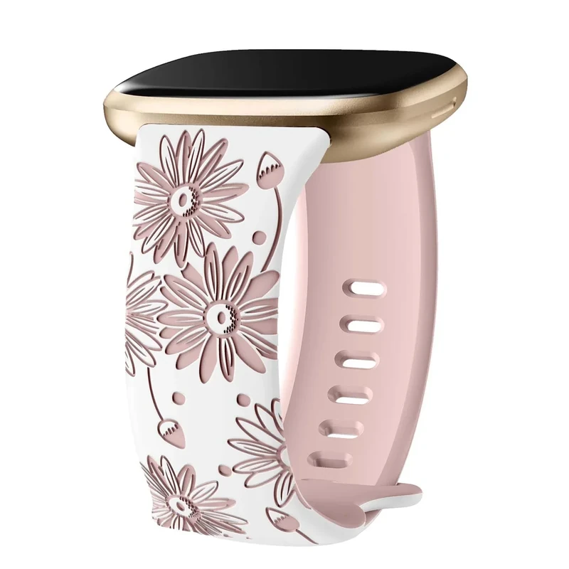 Two-Tone Floral Engraved Band Compatible with Fitbit Versa 2 Bands, Cute Flower Soft Silicone Sport Strap Bracelet Wrist Band for Fitbit Versa 2/1/ Lite/SE Women Men