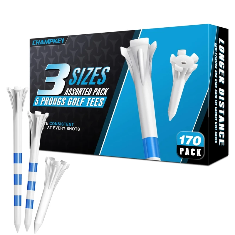 CHAMPKEY Professional 170 Pack 5-Prong Plastic Golf Tees 3 Sizes Assorted Pack - 100 Pcs 3-1/4" with 40 Pcs 2-3/4" and 30Pcs 1-1/2" Golf Tees Plastic (White)