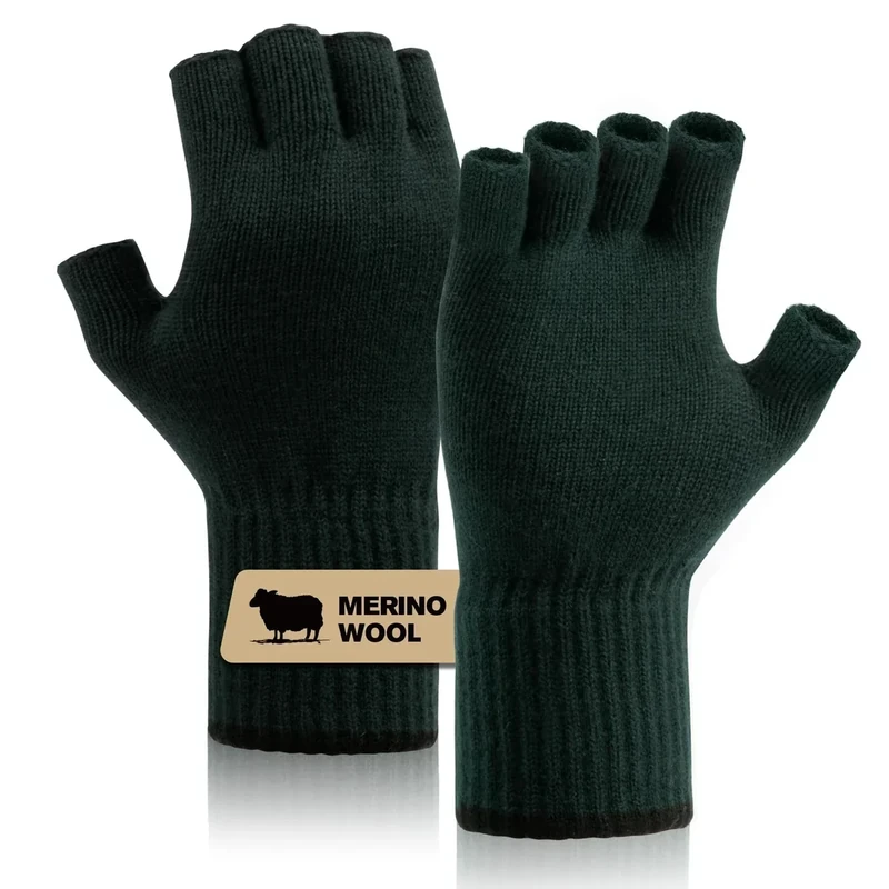 Merino Wool Fingerless Gloves for Men & Women, Half Finger Glove Base Layer Warm with Thermal Soft Knit Liner for Hunting Fishing Hiking XL (Green)