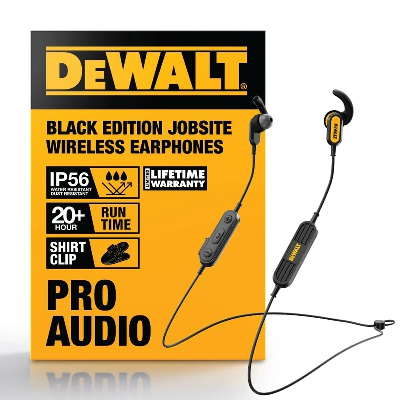 DEWALT Heavy Duty Neckband Bluetooth Earbuds - Black Special Edition Wireless Bluetooth 5.2 Headphones w/Microphone, Lightweight Comfort, IP56 Waterproof, Deep Bass, 20H Jobsite Behind-Neck Earphones