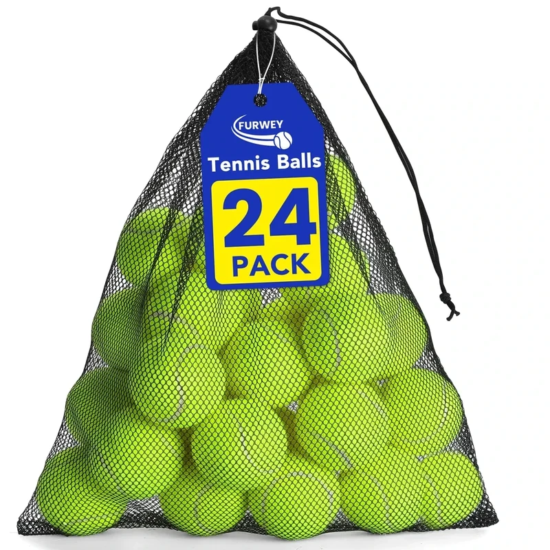FURWEY 24 Pack Tennis Balls,Thickened Tennis with Mesh Bag for Transport,High Elasticity Training Balls for Beginner, Playing Balls for Dogs