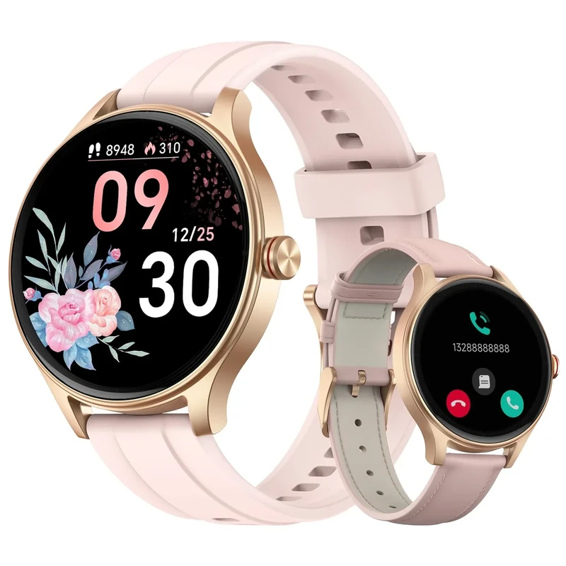 Smart Watches for Women wit 2 Bands, 1.27" Round Smartwatch Fitness Tracker with Bluetooth Calls (Make/Answer), Heart Rate/SpO2/Sleep Monitor, IP68 Waterproof - Light Pink