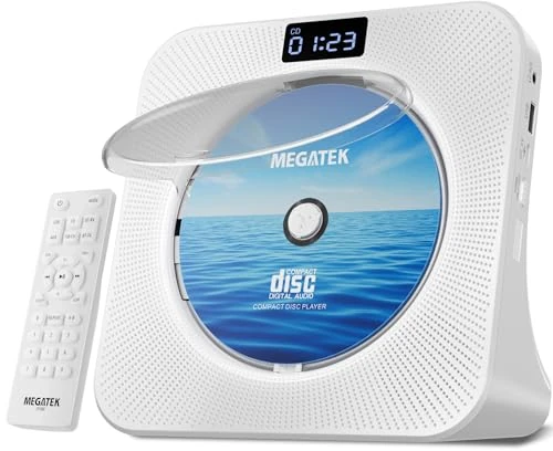 MEGATEK Portable CD Player Bluetooth for Home, Desktop CD Player with Stereo Speakers, FM Radio, USB, LED Display, AUX/Headphone Jack, Remote – White