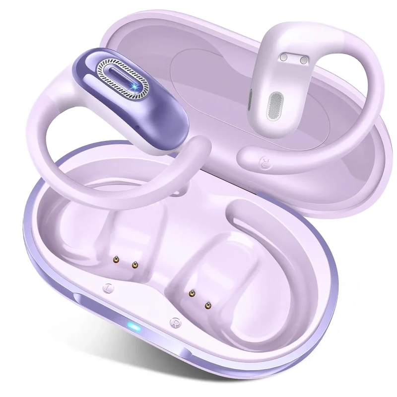 Open Ear Headphones, Bluetooth 5.4 Earbuds, 50H, Air Conduction Ear buds, HD Stereo Bass Over Ear Earphones with Earhooks, Ultra-Comfort Secure Fit, Waterproof Headset for Working Sports, Dark Purple