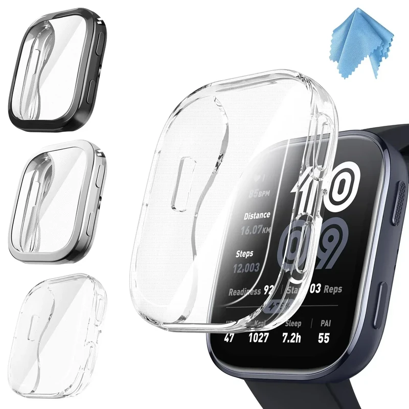 Fintie 3 Packs Screen Protector Case Compatible with Amazfit Bip 6, Soft TPU Plated Bumper Full Protective Cover Cases Scratch-Proof, Black/Clear/Silver