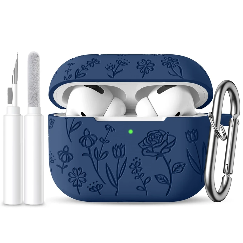 for AirPods Pro 2nd/1st Case with Cleaner Kit,Cute Rose Flower Engraved Soft Silicone Protective Compatible with Apple AirPods Pro 2/Airpod Pro Cover with Keychain,Front LED Visible,Darkblue