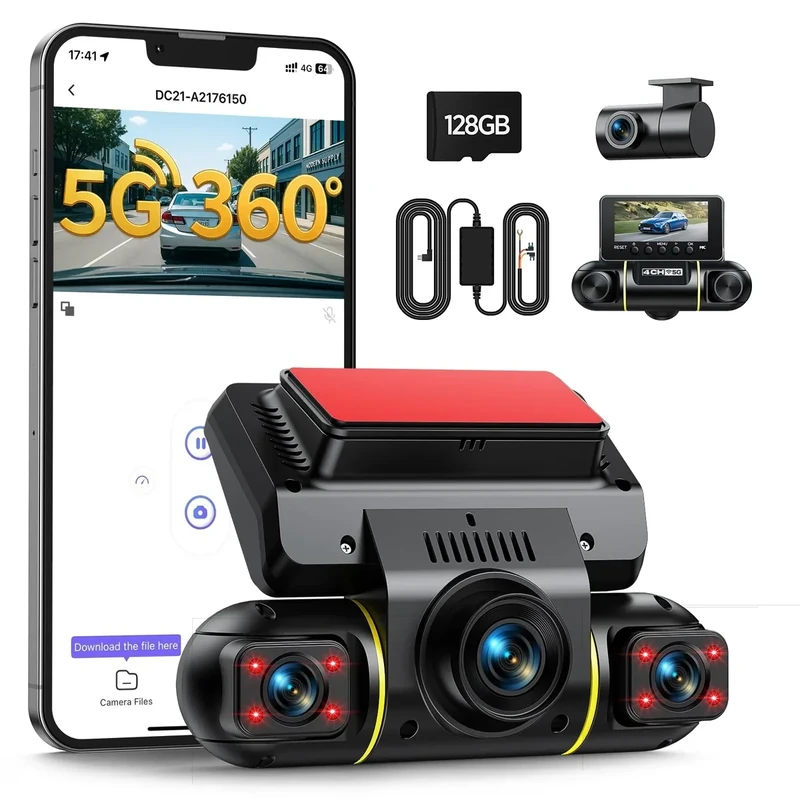 LAMTTO 4-Channel 360 Dash Cam Front Rear - 1080P 5G WiFi 128GB SD Card