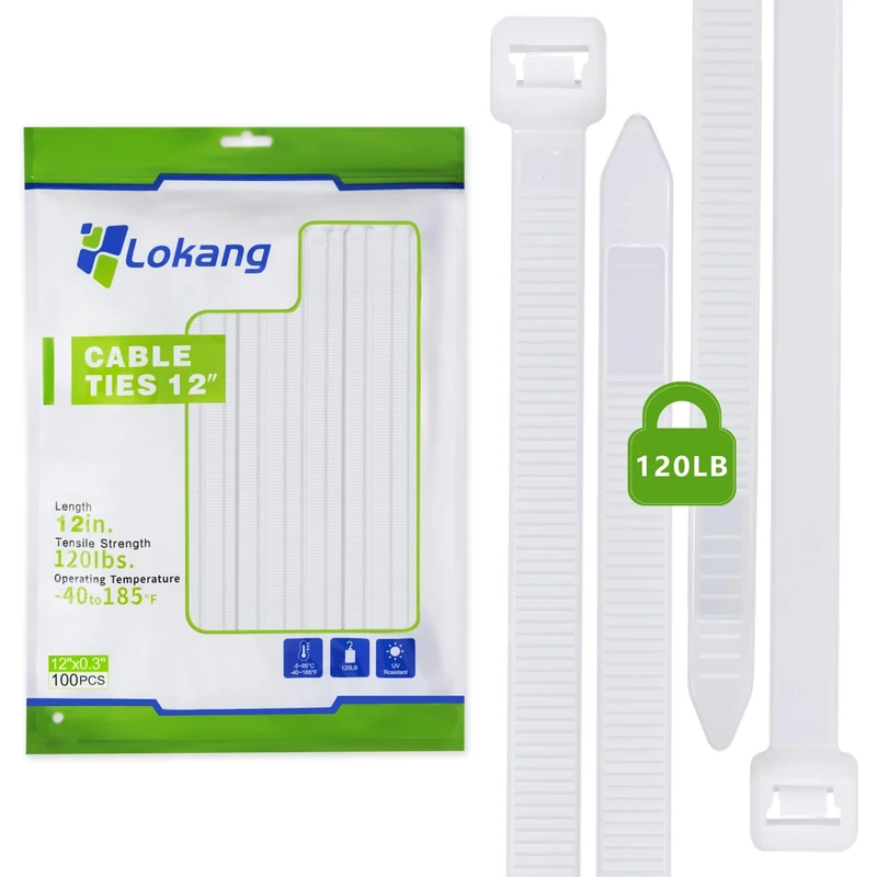 Cable Zip Ties 100 Pack, 12 Inch Zip Ties Heavy Duty, 120lbs Tensile Strength Wire Ties, White Cord Organizer for Indoor and Outdoor. By LOKANG