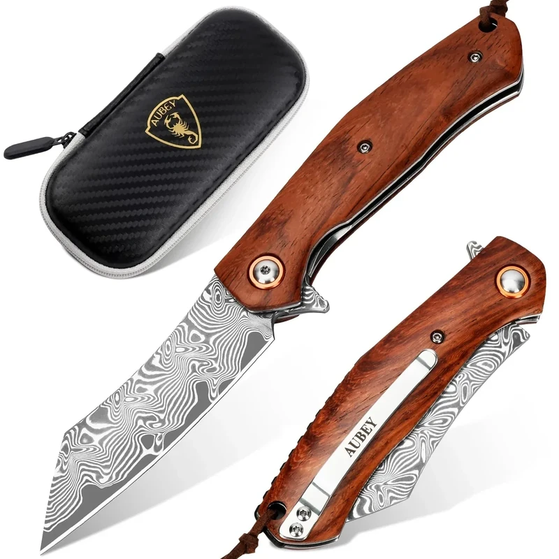 AUBEY Pocket Knife for EDC, 3.15" VG10 Core Damascus Steel Blade Folding Knife with Wood Handle, Liner Lock, Clip, Gift/Collection for Men Women