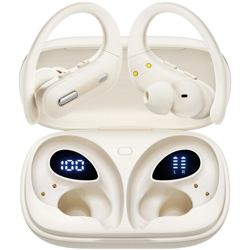 OFNEX Active Noise Cancelling Wireless Earbuds Bluetooth Headphones 90 Hrs Playtime Ear Buds with Power Display Over-Ear Earphones with Earhooks IPX7 Waterproof Stereo Transparency