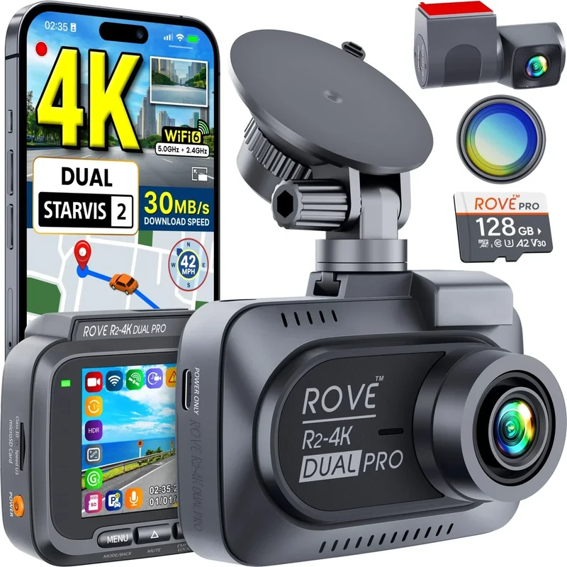 ROVE R2-4K Dual PRO Dash Cam - 4K Front/2K Rear, 128GB Card, WiFi 6