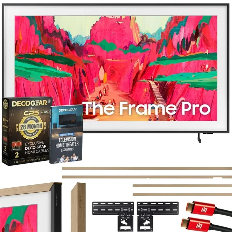 Samsung 65" The Frame Pro LS03FW 4K Neo QLED TV (2025) Bundle with Modern Teak Bezel, CPS 26 Month Protection, Slim Flat Mount, 2X HDMI Cables & Deco Gear Complete Home Theater Beginner's Guidebook