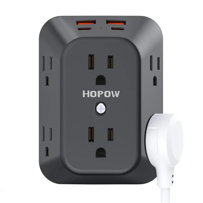USB Wall Charger Surge Protector, HOPOW 6 Outlet Extender with 4 USB Charging Ports (2 USB C), 3-Sided 1050J Multi Plug Wall Outlet, Wall Mount for Home Travel Office, Black