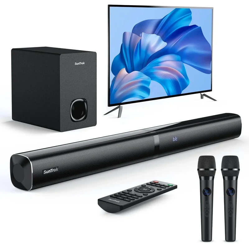 SunTrok 80W 2.1 Karaoke Soundbar with Subwoofer, 2 Mics - Bluetooth 5.3