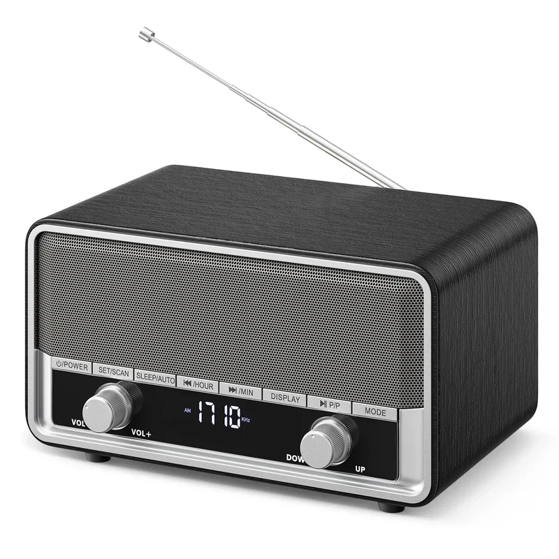Vintage Wood AM FM Clock Radio with Bluetooth, Digital Clock Radio for Bedroom with LCD Display | 40 Presets | Sleep Timer | No Alarm, Retro Bluetooth Speaker for Office,Home, Kitchen (Space Black)