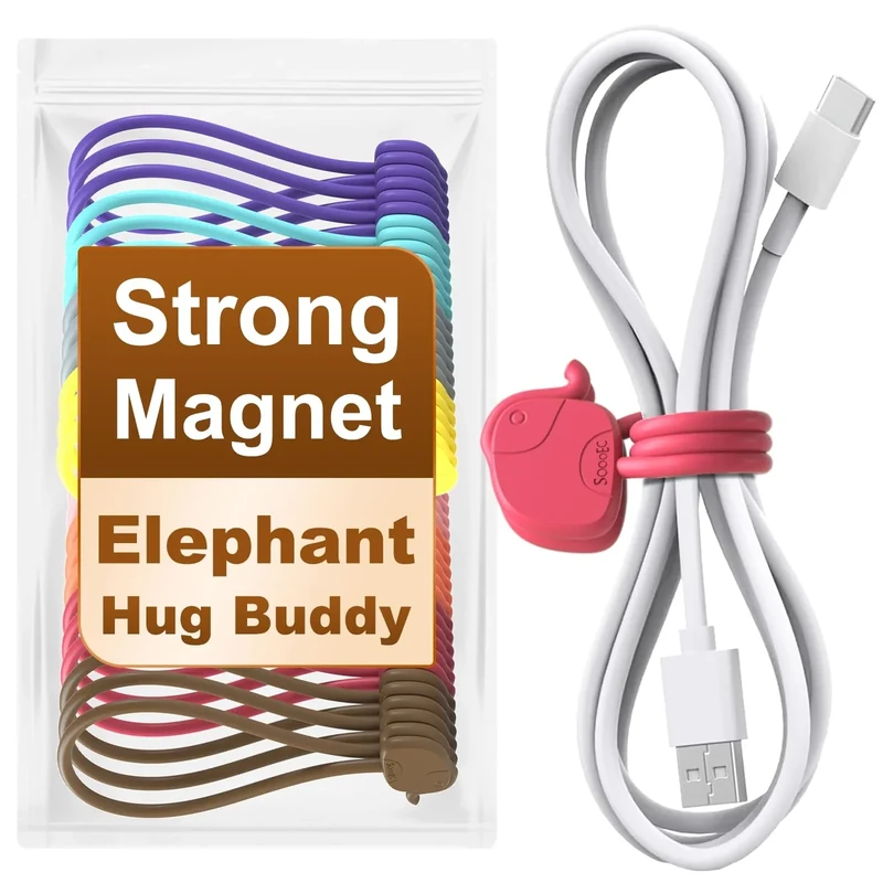 SOLIDATOR Charming Elephant Magnetic Cable Ties – 24 Pack, Reusable Silicone Cord Organizers for Home & Office, Strong Magnetic Hold, Assorted Colors, Perfect for Cable Organization & Decorative Gift