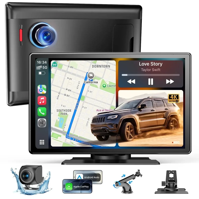 9''HD Carplay Screen for Car 4K Dash Cam&1080P Backup Camera with Apple Carplay&Android Auto Voice Control GPS DVR Call Music Message Mirror Link Airplay/Android Cast Fit Pickup Truck SUV MPV RV
