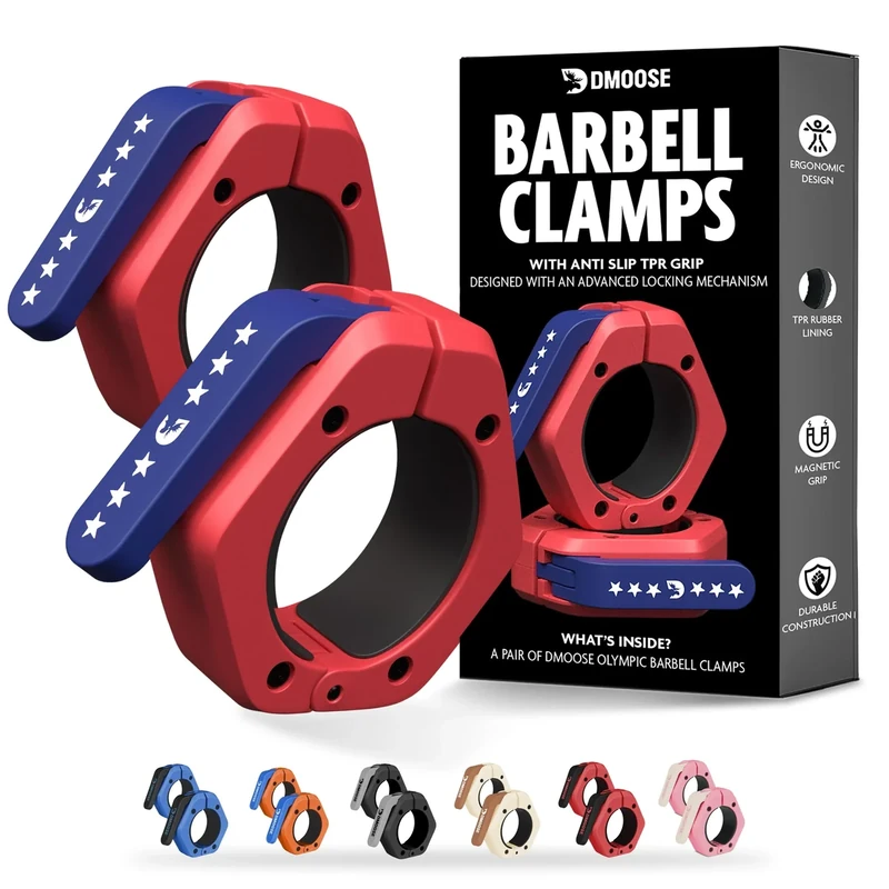 DMoose Fitness Barbell Clips 2" (Pair) - Quick Release Olympic Barbell Clamps with Anti Slip TPR Lining - Barbell Collars for Secure Weightlifting & Powerlifting (American - Megnetic)
