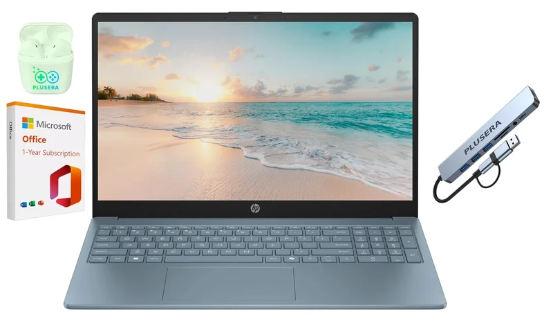 HP 15.6" LED Laptop Computer, 32GB RAM 640GB Storage (128GB UFS+512GB Docking Set), Quad-Cores Intel Pentium, Windows 11 S with 1-Year Microsoft Office 365 Included, PLUSERA Earphones, Moonlight Blue